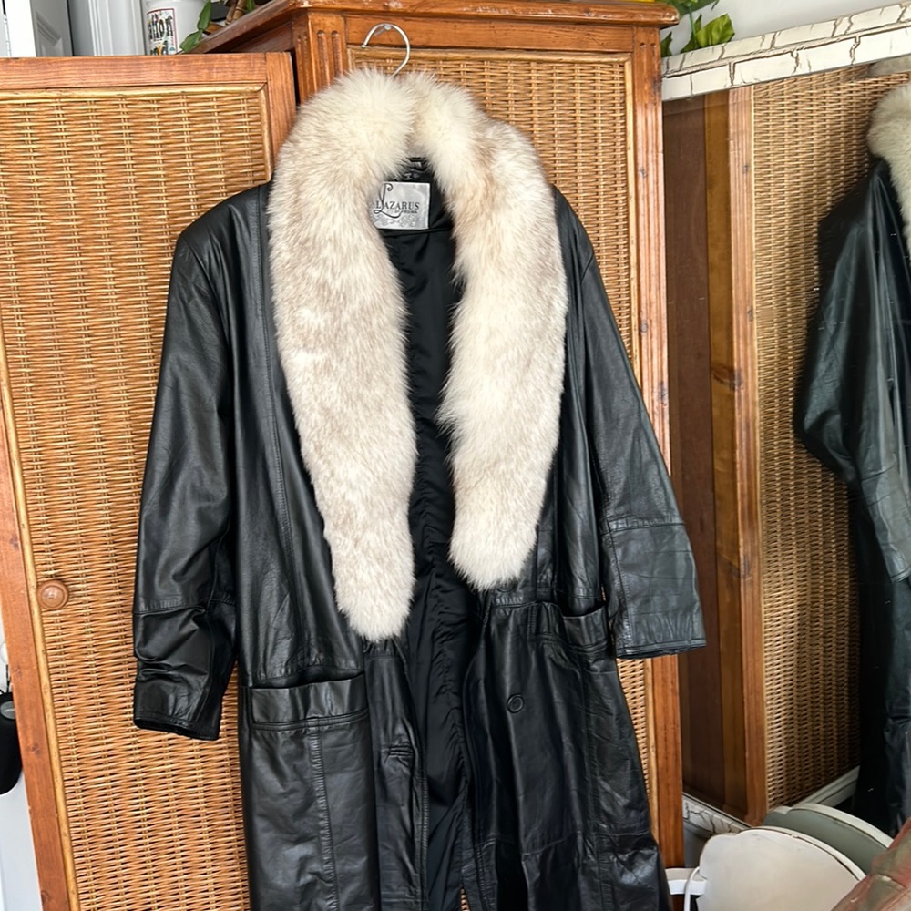 RARE Vintage Lazarus of Virginia fur trimmed leather trench coat